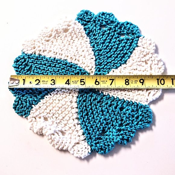 VTG Yarn Crochet Pot Holder Set ~ Round Blue/White, Triangle Gold/White ~  EVC! - Picture 4 of 5